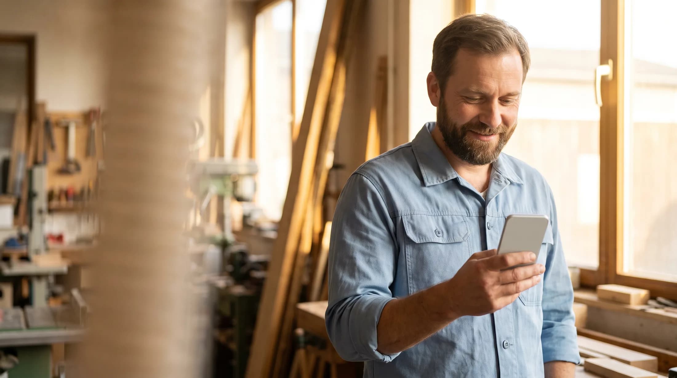 Handwerker sieht eine neue Anfrage auf dem Handy